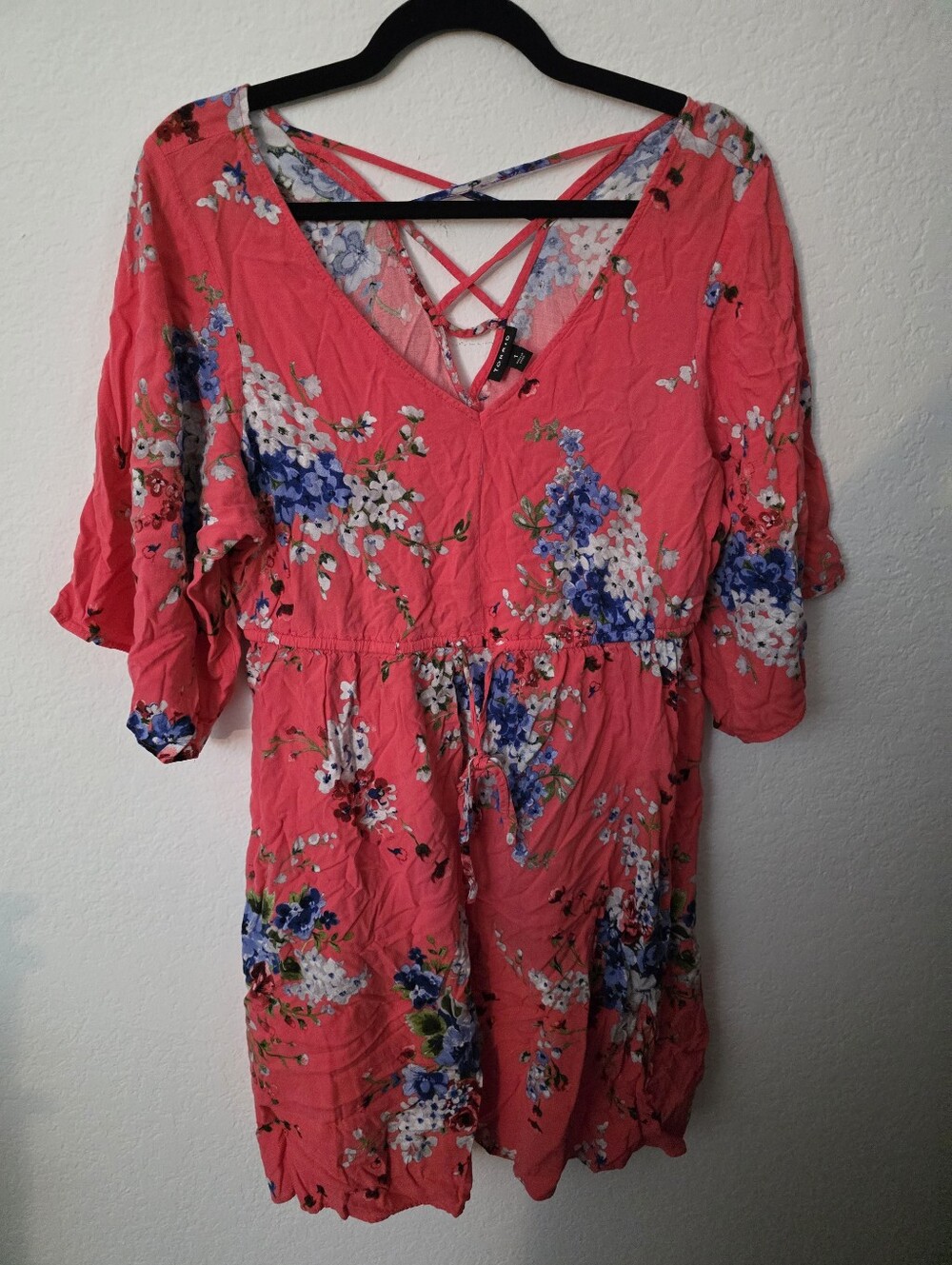 torrid Coral Pink Floral Mini Dress with Strappy Crisscross Back